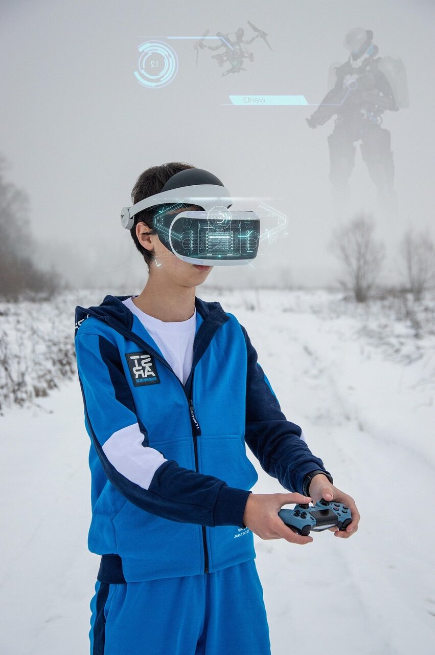teen, virtual reality, metaverse, virtual helmet, cyberpunk, future, winter, computer games, technology, player